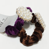 Women Velvet Hair Scrunchie Ties Pearl Accessory Hair Tie Brown and Purple 2Pcs