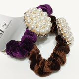 Women Velvet Hair Scrunchie Ties Pearl Accessory Hair Tie Brown and Purple 2Pcs