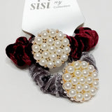 Women Velvet Hair Scrunchie Ties Pearl Accessory Hair Tie Burgundy and Gray 2Pcs