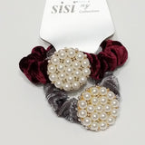 Women Velvet Hair Scrunchie Ties Pearl Accessory Hair Tie Burgundy and Gray 2Pcs