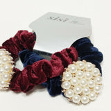 Women Velvet Hair Scrunchie Ties Pearl Accessory Hair Tie Burgundy and Navy 2Pcs