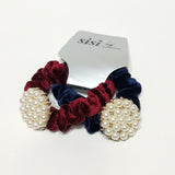 Women Velvet Hair Scrunchie Ties Pearl Accessory Hair Tie Burgundy and Navy 2Pcs