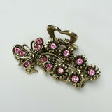 Butterfly & Flowers Hair Claw Clip Gold Metal w/ Pink Crystal Rhinestones