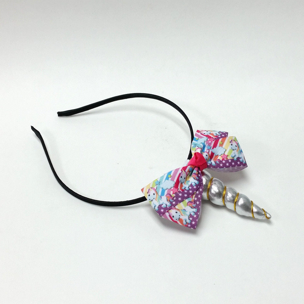 Silver Unicorn Horn Headband w/ Rainbow Stars Clouds Unicorn Hair Bow for Girls