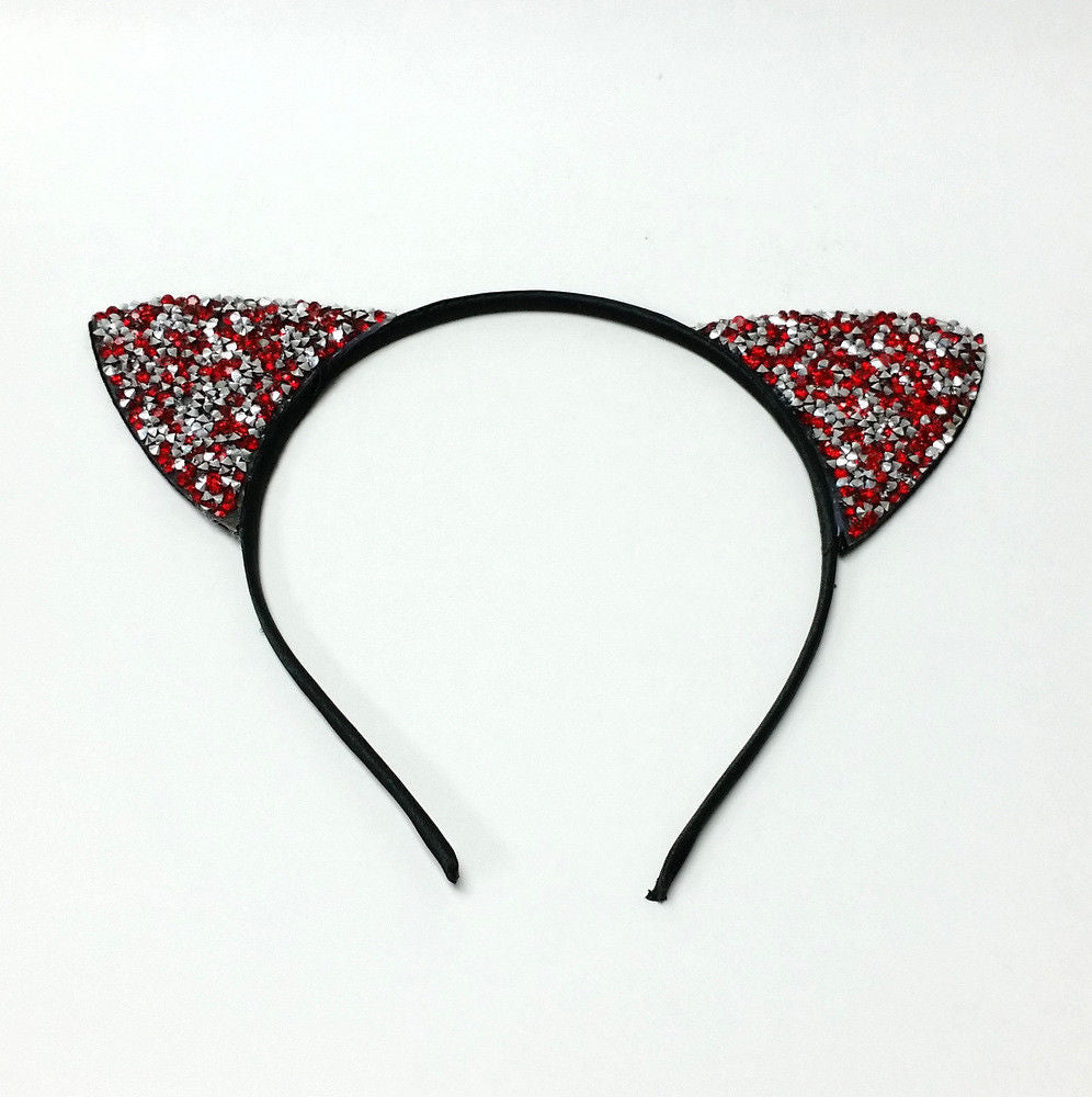 Red & Silver Rhinestone Cat Ear Headband Women & Girls Hair Accessories