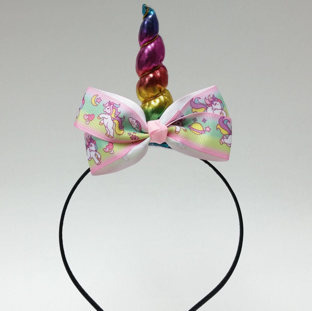 Rainbow Unicorn Horn Headband w/ Multi Colored Heart Star Hair Bow Girl