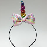 Rainbow Unicorn Horn Headband w/ Multi Colored Heart Star Hair Bow Girl