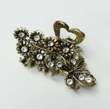 Butterfly & Flowers Hair Claw Clip Gold Metal w/ White Crystal Rhinestones