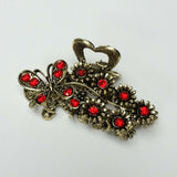 Butterfly & Flowers Hair Claw Clip Gold Metal w/ Red Crystal Rhinestones