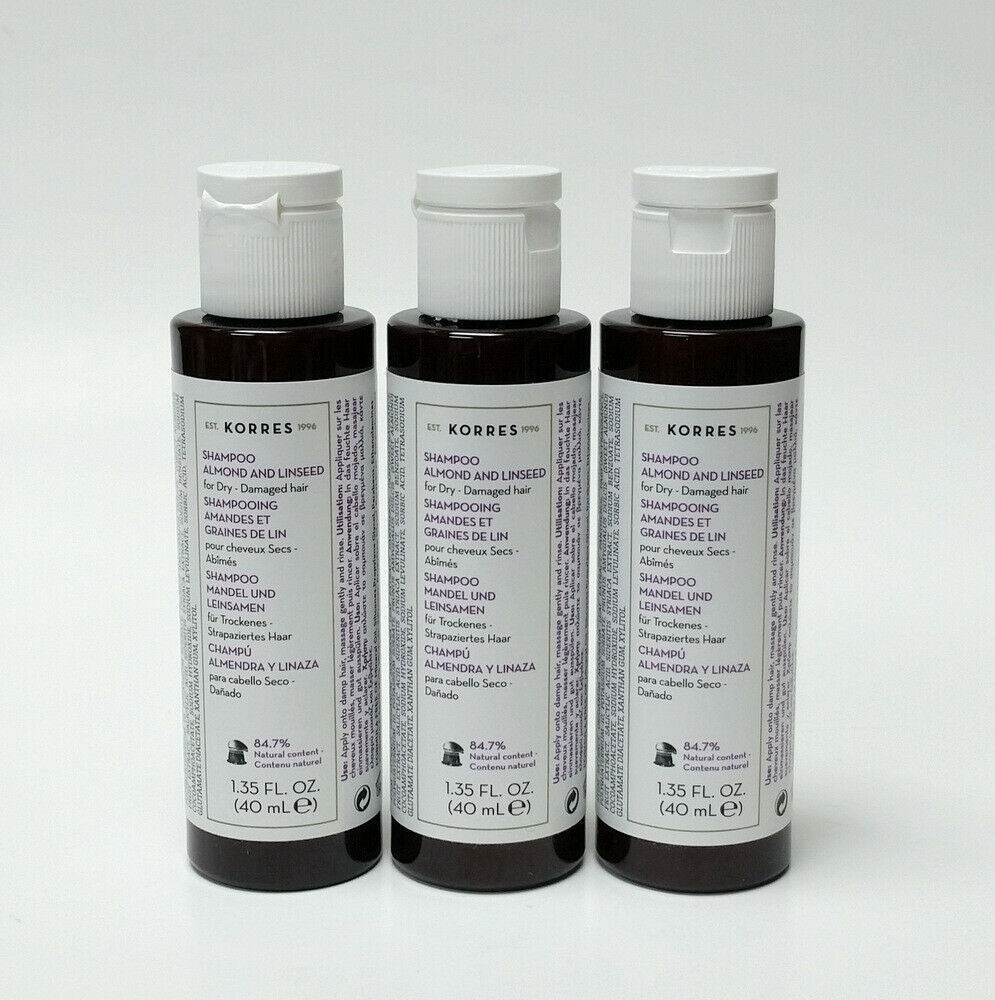 Lot of 3 Korres Shampoo Almond & Linseed 1.35 oz / 40 mL Each Dry Damaged Hair