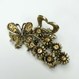 Butterfly & Flowers Hair Claw Clip Gold Metal w/ Yellow Crystal Rhinestones