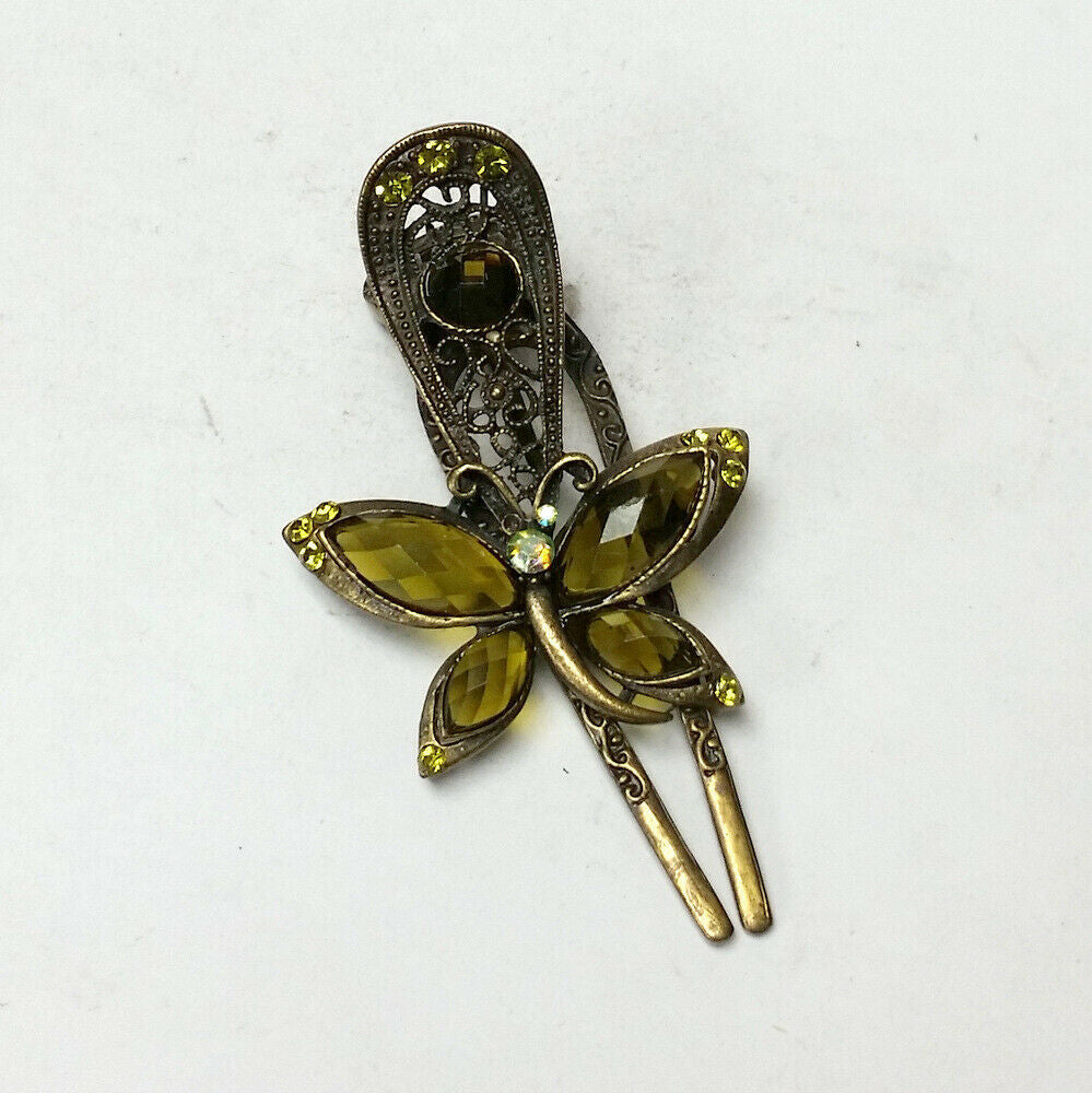 Olive Green Metal Butterfly Hair Clip with Rhinestones *Missing One Rhinestone*