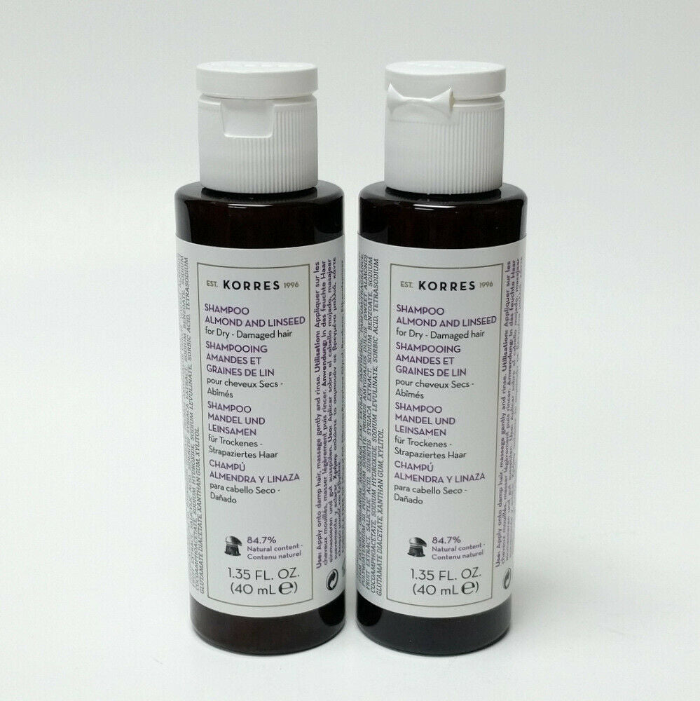 Lot of 2 Korres Shampoo Almond & Linseed 1.35 oz / 40 mL Each Dry Damaged Hair